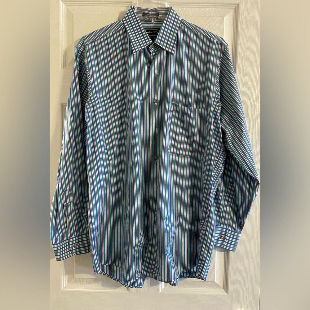 Vtg London Burberry Men's Medium Long Sleeve Button Shirt Blue & Green Striped